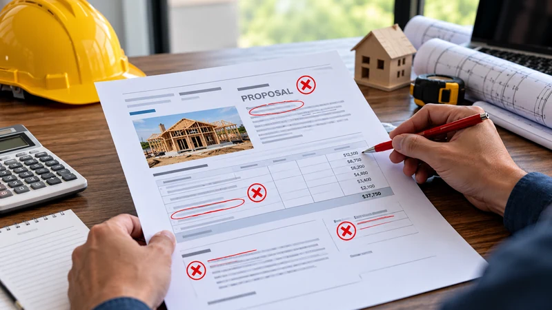 Contractor reviewing a construction proposal and marking scope, pricing, schedule, and document errors before sending it to the client