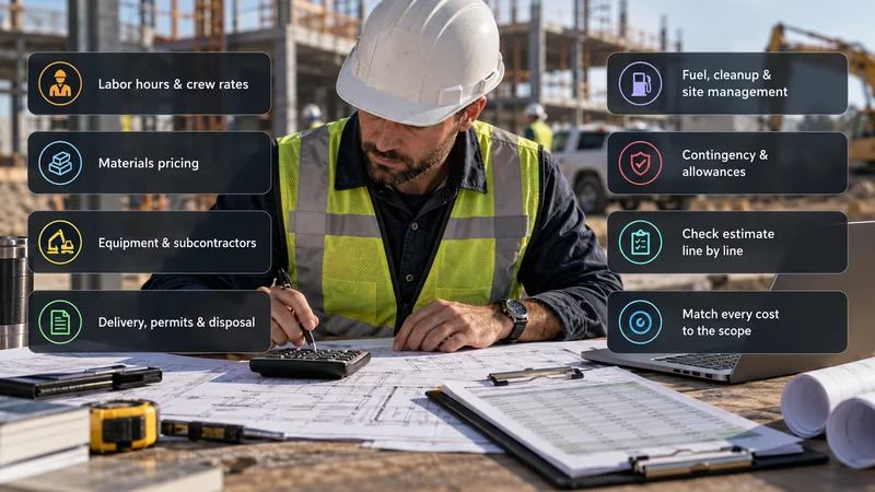 Construction cost estimate infographic showing labor, materials, equipment, permits, contingency, and scope review