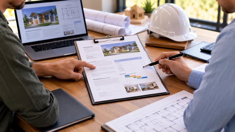 Contractor and client reviewing a clear construction project proposal with plans, pricing, and project details