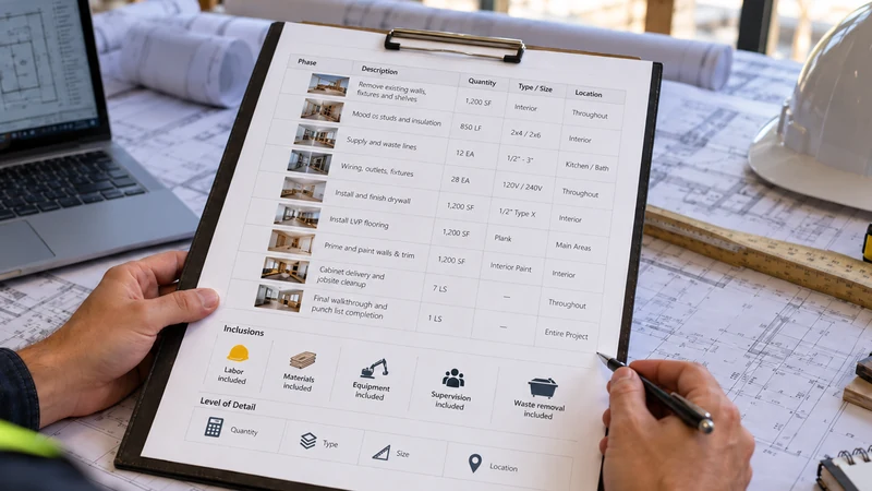 Detailed construction scope of work board showing project phases, quantities, materials, labor, equipment, and work inclusions