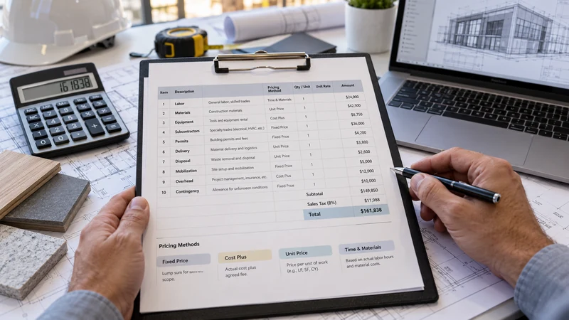 Itemized construction cost estimate showing labor, materials, equipment, subcontractors, permits, overhead, contingency, and total project price