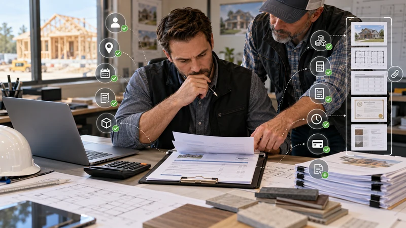 Contractors reviewing a construction proposal, pricing, project details, attachments, and calculations before sending it to the client