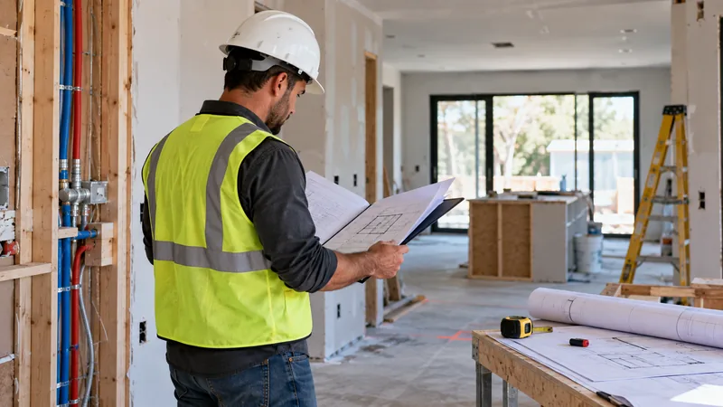Contractor reviewing project requirements and site conditions during a construction site inspection
